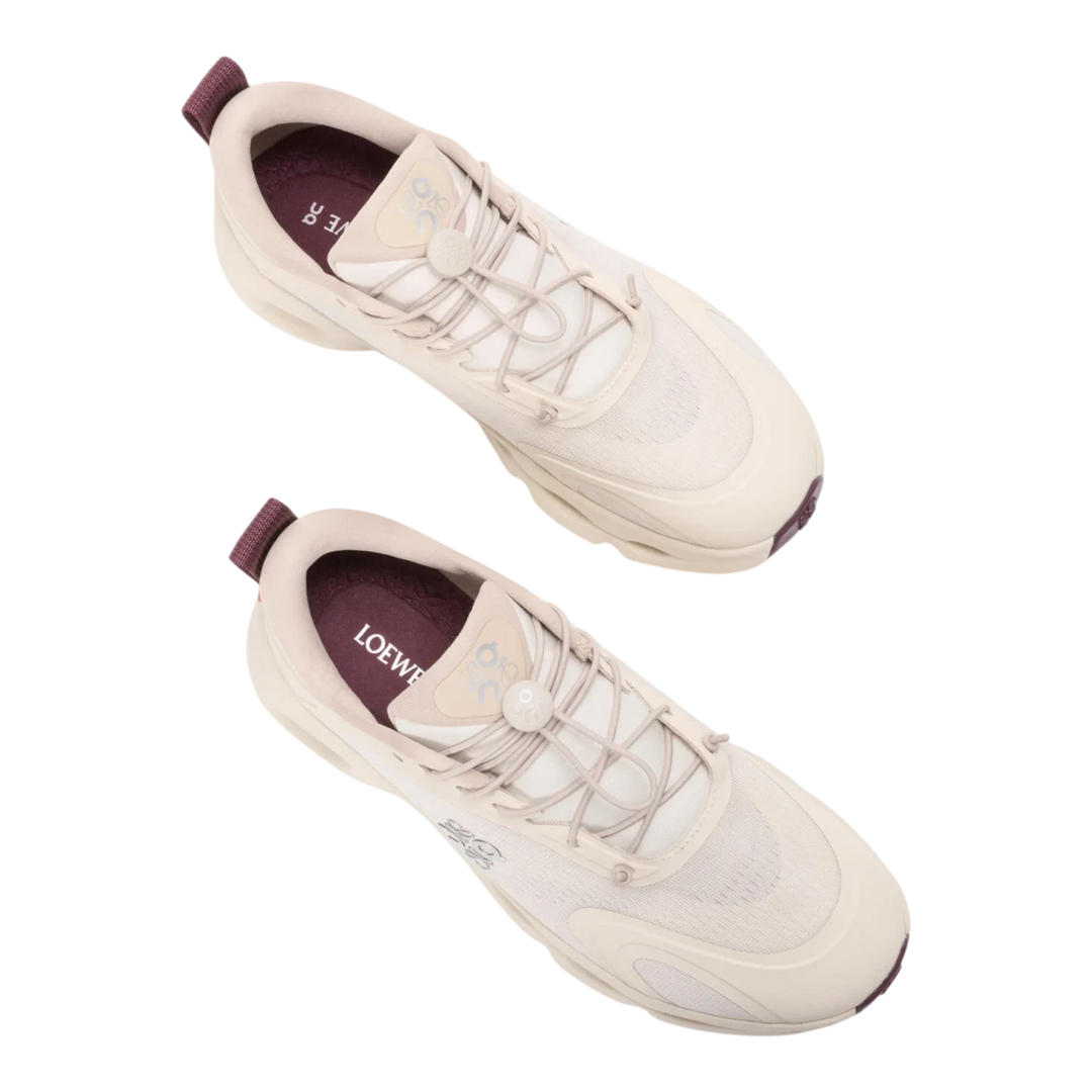 HypeSelection LOEWE x On Cloudsolo sneakers in sand and burgundy with technical mesh and signature pebble toggle.