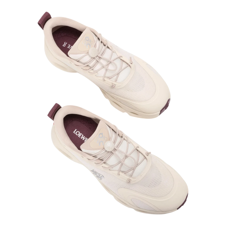 HypeSelection LOEWE x On Cloudsolo sneakers in sand and burgundy with technical mesh and signature pebble toggle.