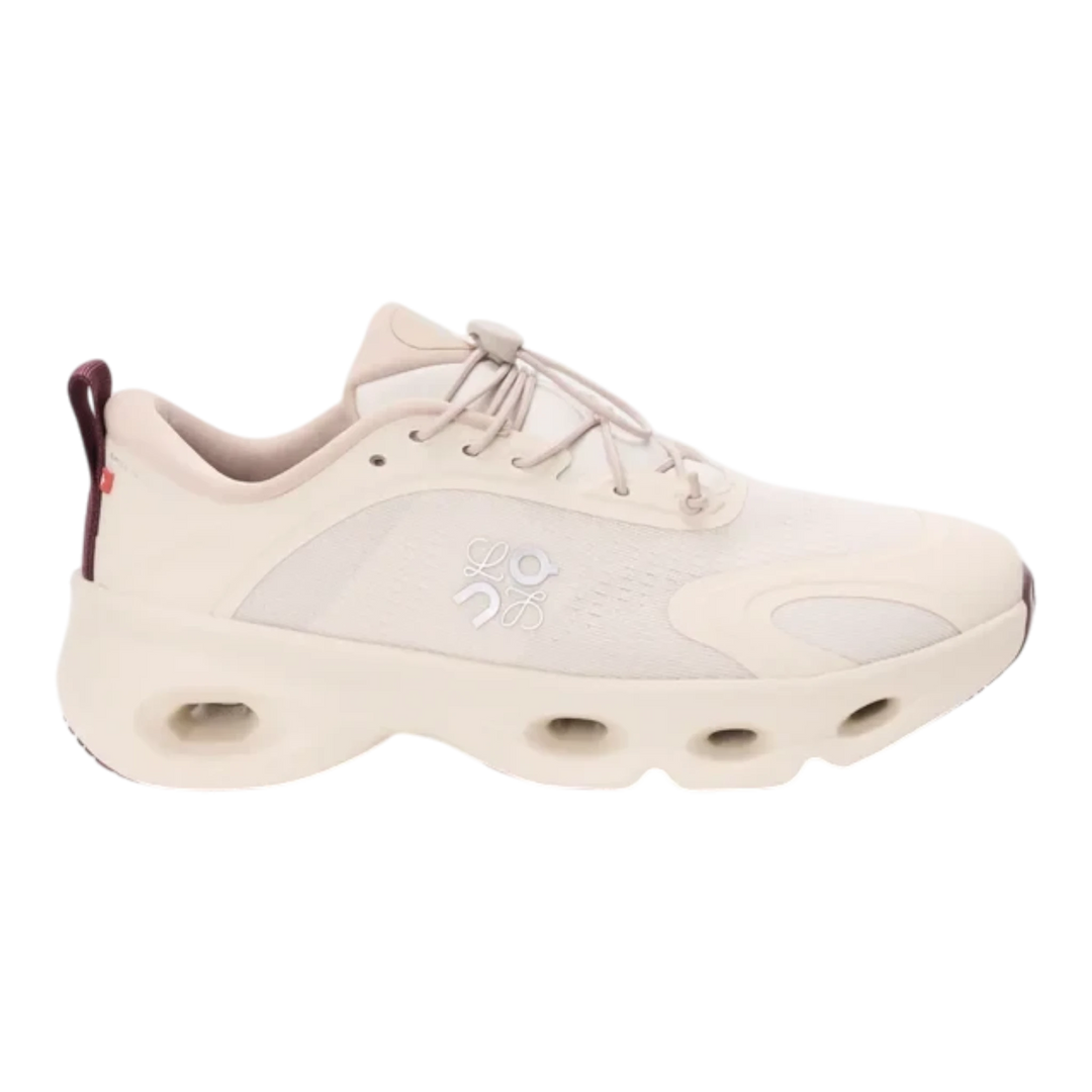 HypeSelection LOEWE x On Cloudsolo sneaker in sand mesh with burgundy accents and signature heel pebble toggle