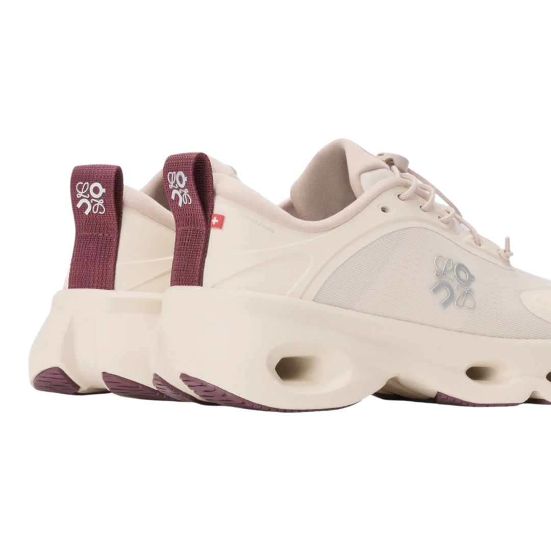 HypeSelection LOEWE x On Cloudsolo sneakers in sand and burgundy with signature heel pebble toggle and CloudTec cushioning.
