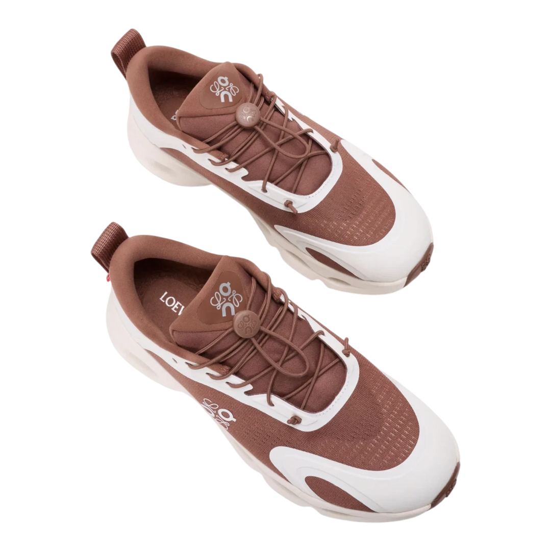 HypeSelection LOEWE x On Cloudsolo sneakers in taupe and eggshell with technical mesh and signature pebble toggle.