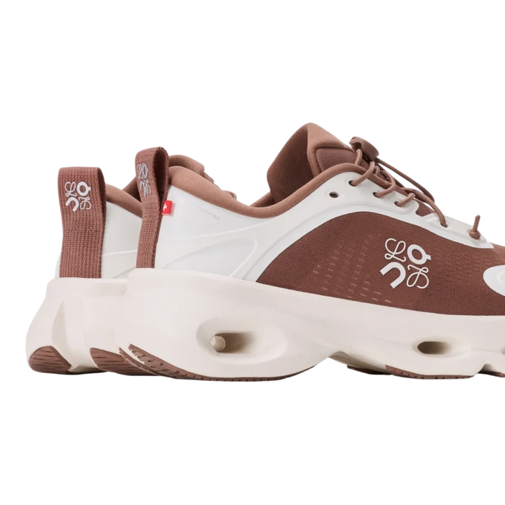 HypeSelection LOEWE x On Cloudsolo sneakers in taupe and eggshell with signature pebble toggle and CloudTec cushioning.