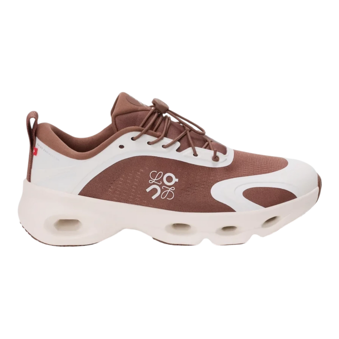 HypeSelection LOEWE x On Cloudsolo sneaker in taupe and eggshell with technical mesh, pebble toggle, and CloudTec sole.