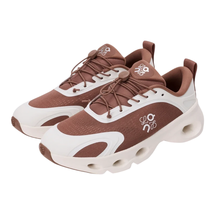 HypeSelection LOEWE x On Cloudsolo sneakers in taupe and eggshell with technical mesh and signature pebble toggle.