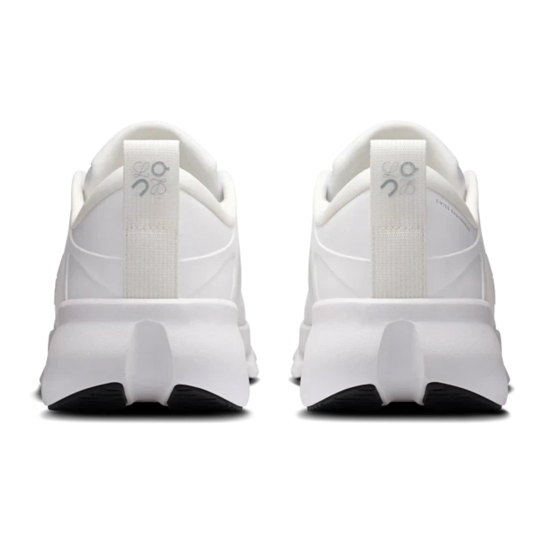 Rear view of HypeSelection LOEWE x On Cloudsolo sneakers in white, featuring signature pebble toggle and CloudTec heel.