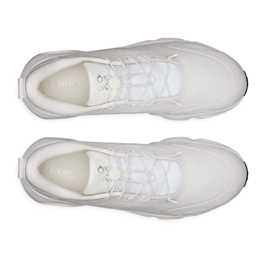 Top-down view of HypeSelection white Loewe x On Cloudsolo sneakers featuring technical mesh and signature pebble toggle