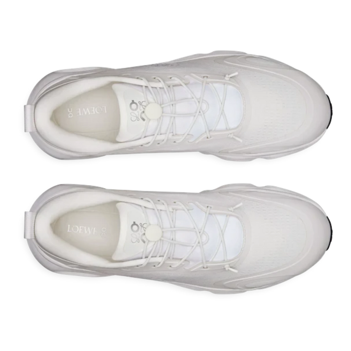 Top-down view of HypeSelection white Loewe x On Cloudsolo sneakers featuring technical mesh and signature pebble toggle