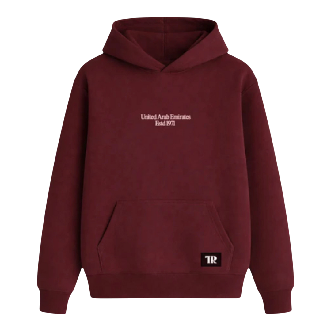 HypeSelection maroon cotton blend pullover hoodie with "United Arab Emirates Estd 1971" print and TR logo.