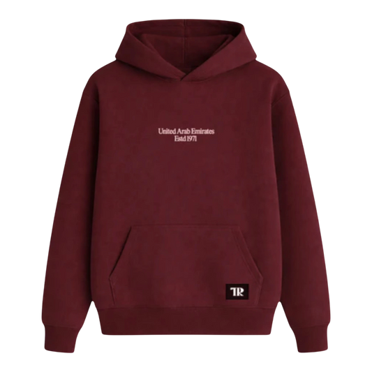 HypeSelection maroon cotton blend pullover hoodie with "United Arab Emirates Estd 1971" print and TR logo.