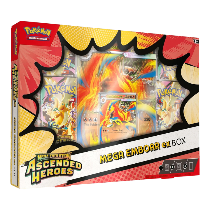 HypeSelection Ascended Heroes Mega Emboar ex Box featuring a Mega Emboar ex promo card, oversized lenticular card, and booster packs.