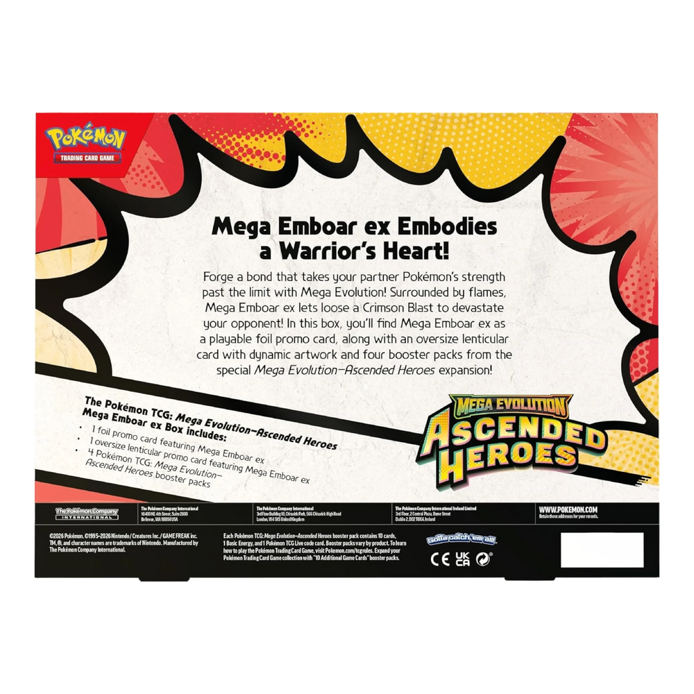 HypeSelection Mega Emboar ex Box from the Pokémon TCG: Mega Evolution—Ascended Heroes expansion. Features foil promo card, oversized lenticular card, and 4 booster packs.