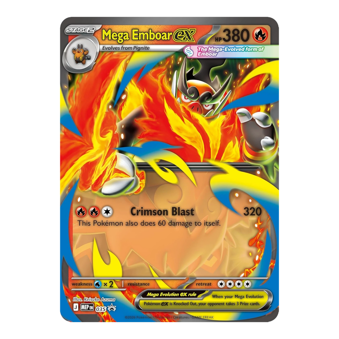 HypeSelection Mega Emboar ex Pokémon TCG card featuring fiery art and Crimson Blast attack. Includes HP 380, weakness, resistance, and retreat cost.