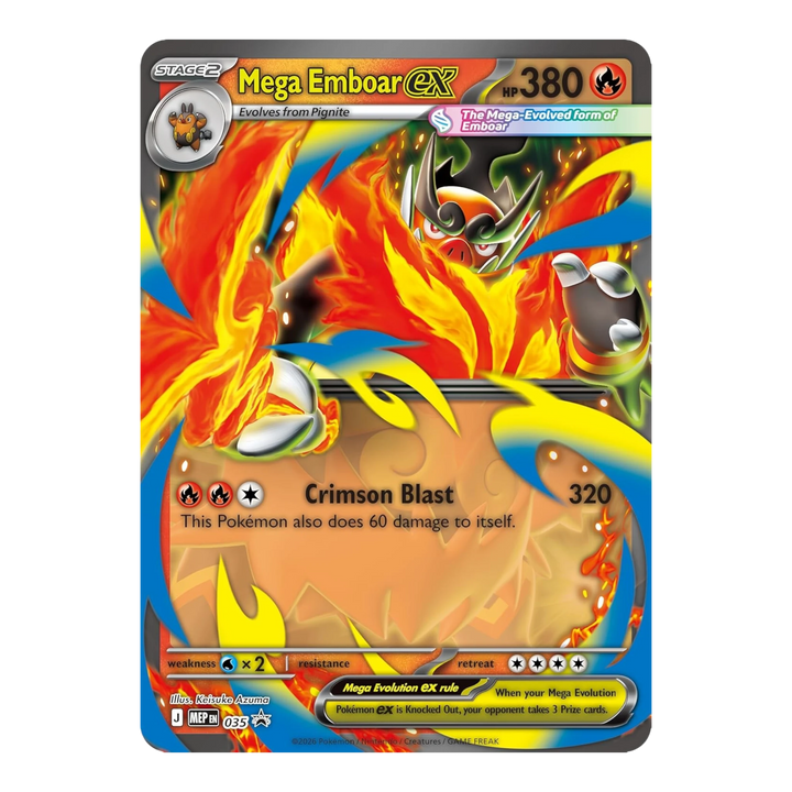 HypeSelection Mega Emboar ex Pokémon TCG card featuring fiery art and Crimson Blast attack. Includes HP 380, weakness, resistance, and retreat cost.