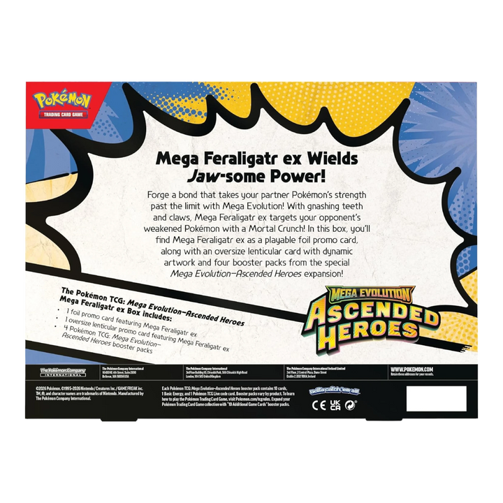 HypeSelection Ascended Heroes Mega Feraligatr ex Box featuring a playable foil promo card and oversized lenticular card.