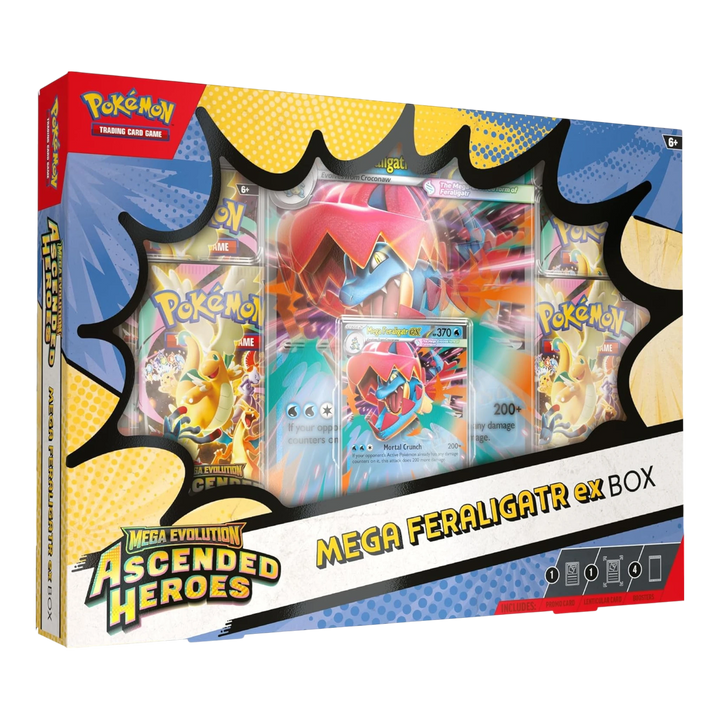 HypeSelection Mega Feraligatr ex Box from Ascended Heroes featuring Mega Feraligatr ex promo cards and booster packs.