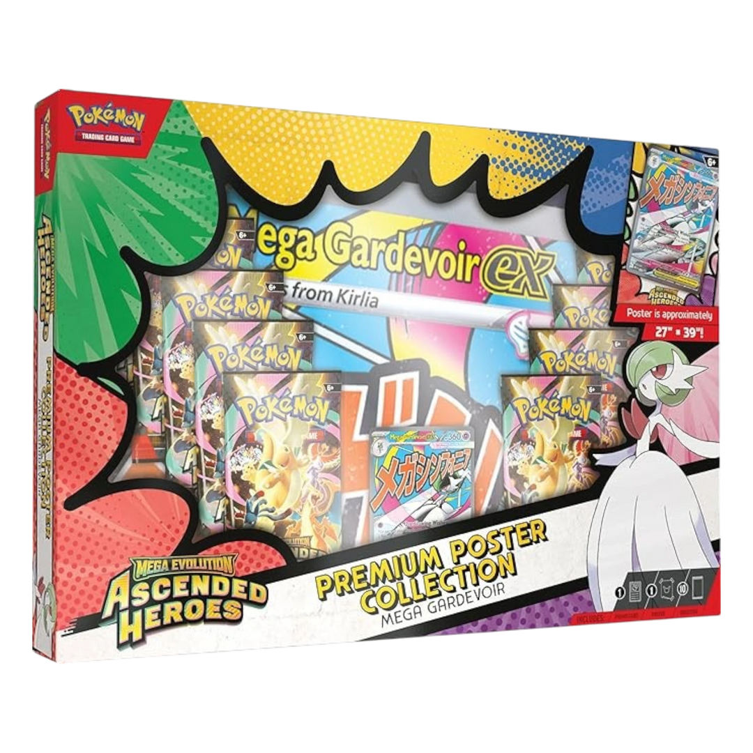 HypeSelection Mega Gardevoir EX Premium Poster Collection box featuring booster packs, a foil promo card, and a large poster.