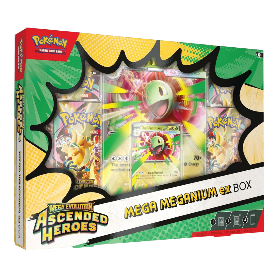 HypeSelection Mega Meganium ex Box featuring a Mega Meganium ex promo card, oversized lenticular card, and four Ascended Heroes booster packs.