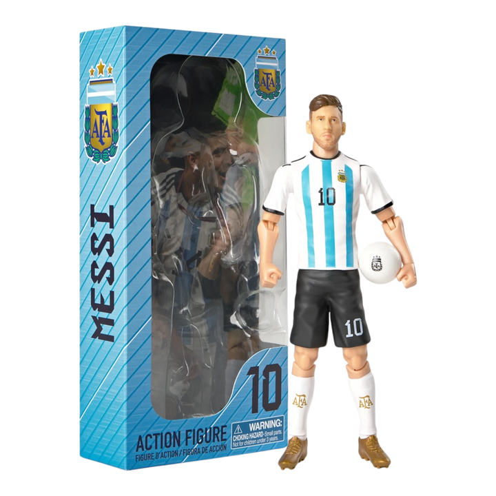HypeSelection 20cm Lionel Messi action figure in Argentina home kit with soccer ball and premium display packaging.