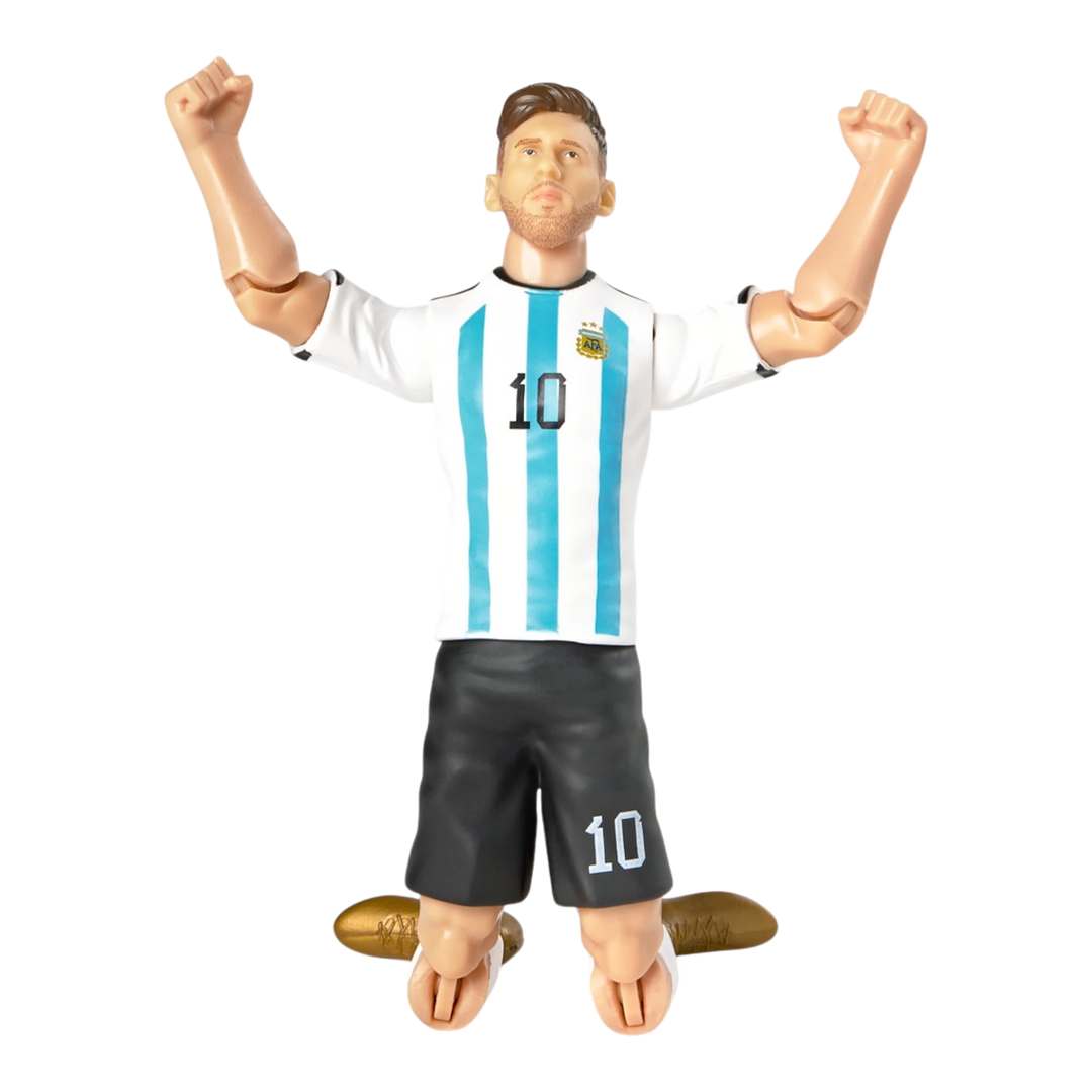 HypeSelection Banbo Toys Sockers 20cm Lionel Messi action figure in Argentina kit kneeling with arms raised.