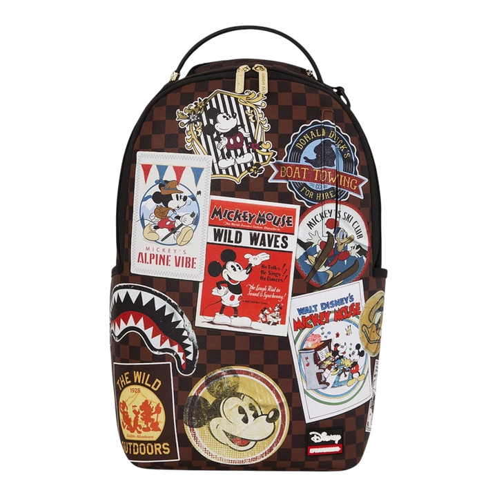 HypeSelection Sprayground Mickey Mouse backpack with brown checkered pattern and vintage Disney character patches.