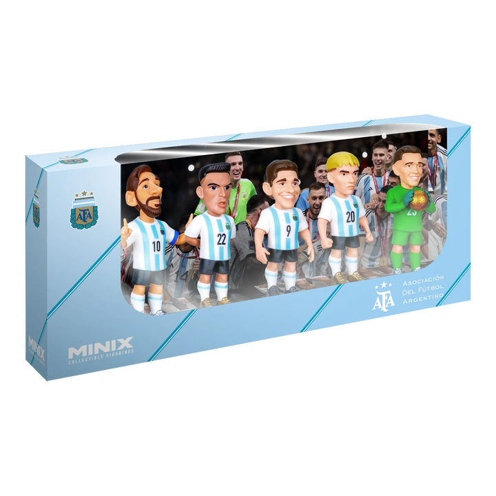 HypeSelection Minix Argentina 5-pack featuring Messi, Lautaro, Julián, Mastantuono, and Dibu 7cm PVC figures.