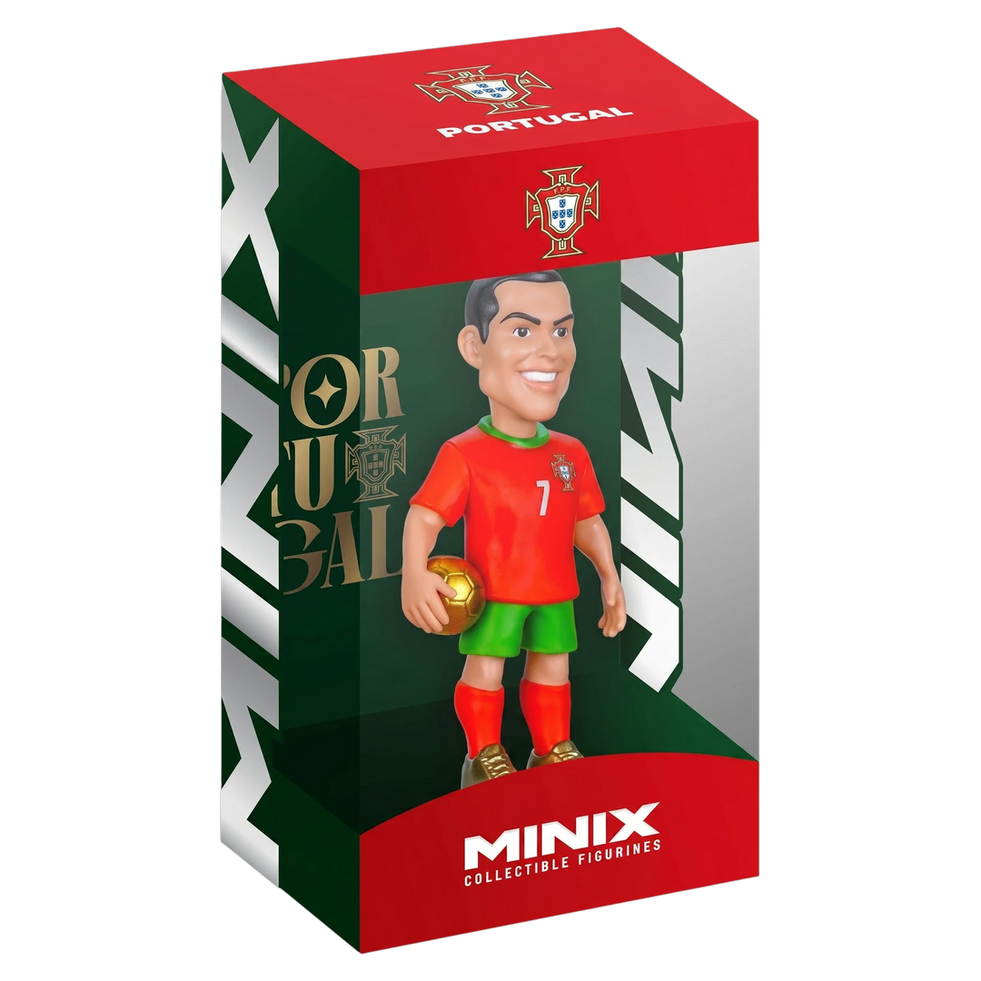 HypeSelection Minix Cristiano Ronaldo #7 Portugal collectible figure in a window display box with red and green kit.