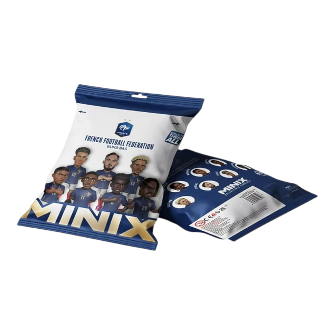 HypeSelection Minix France National Team 7cm blind bag featuring collectible football player figures in blue kits.