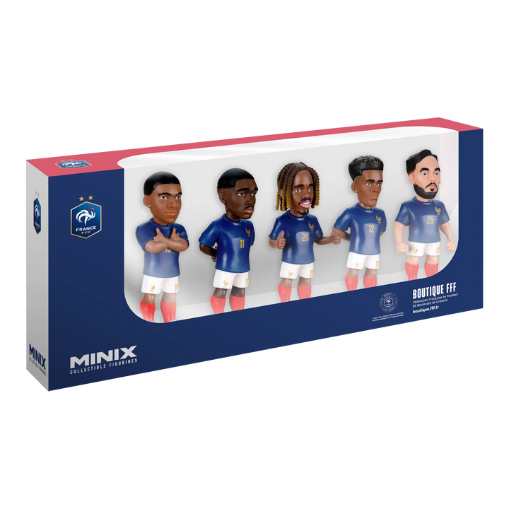 HypeSelection Minix 5-pack France football figures featuring Mbappé, Dembelé, Barcola, Doué, and Cherki in display box