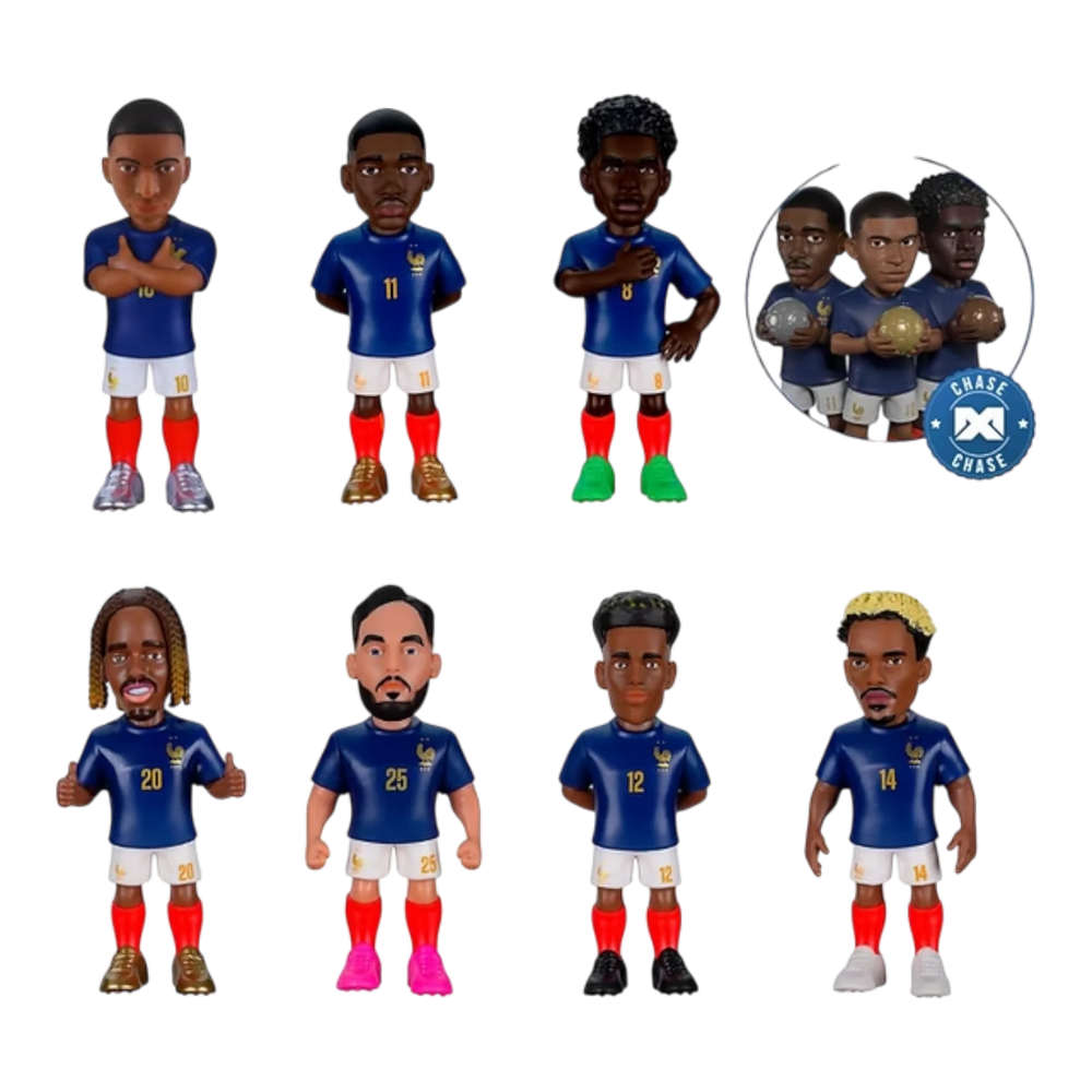 HypeSelection Minix France National Team 7cm collectible PVC figures in blue kits, featuring various squad players.