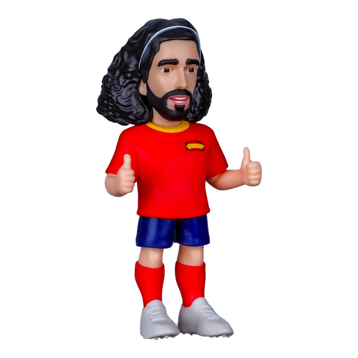 HypeSelection Minix Marc Cucurella Spain football figure in red jersey and blue shorts giving a thumbs up