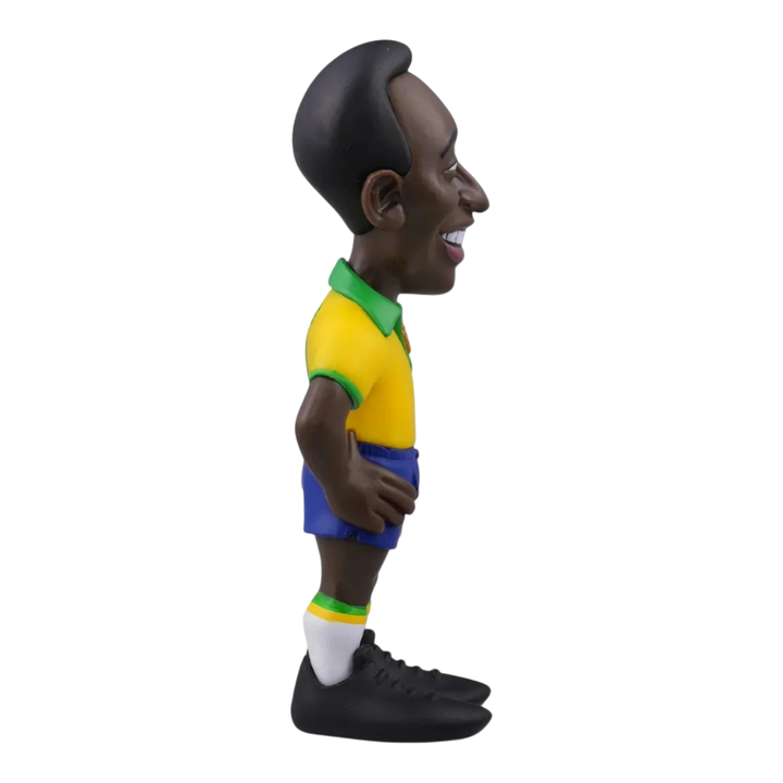 HypeSelection Minix Pelé collectible figure in Brazil yellow home kit with blue shorts, side profile view.