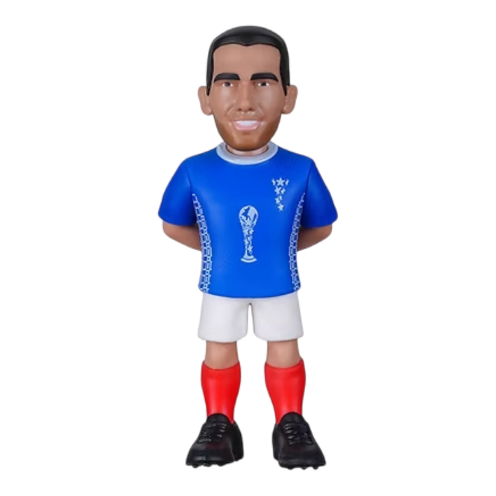 HypeSelection Minix Youri Djorkaeff France football collectible figure in blue kit, 12cm tall PVC caricature model