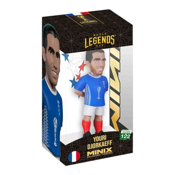 HypeSelection Minix Youri Djorkaeff France football collectible figure in window box, 12cm tall, blue kit.