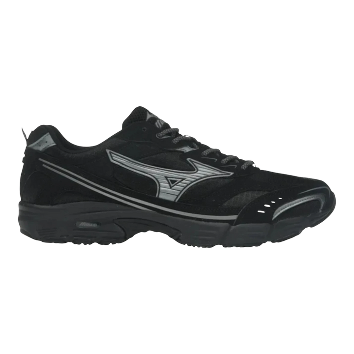 HypeSelection Mizuno MXR OG black and metallic grey running lifestyle sneakers with mesh upper and U4icX midsole.