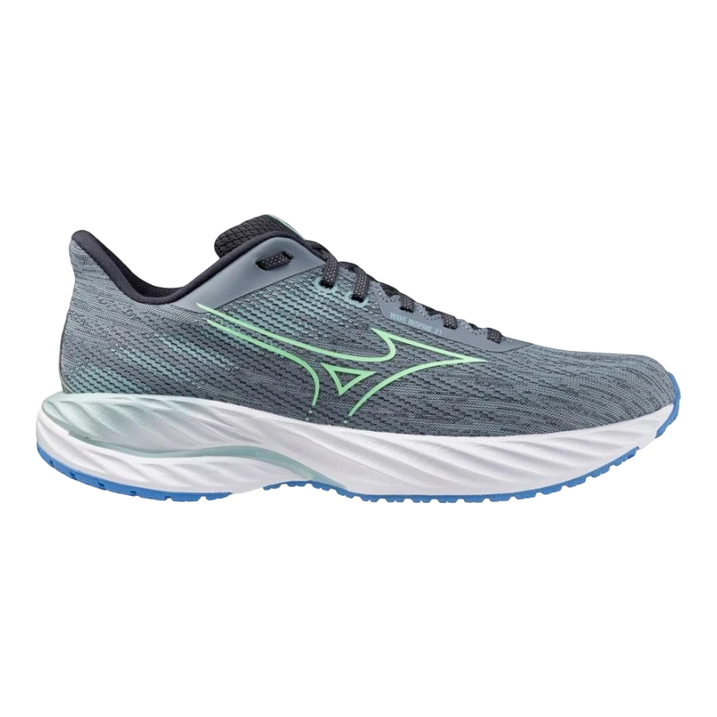 HypeSelection Mizuno Wave Inspire 21 men's grey jacquard mesh running shoe with mint green accents and white midsole.