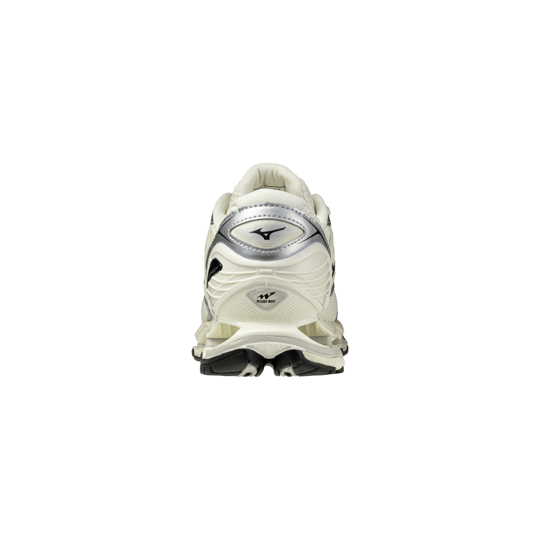 HypeSelection Mizuno Wave Prophecy LS sneaker in pristine white, black, and silver, rear view showing sculpted sole.