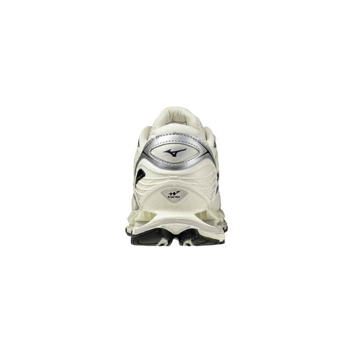 HypeSelection Mizuno Wave Prophecy LS sneaker in pristine white, black, and silver, rear view showing sculpted sole.