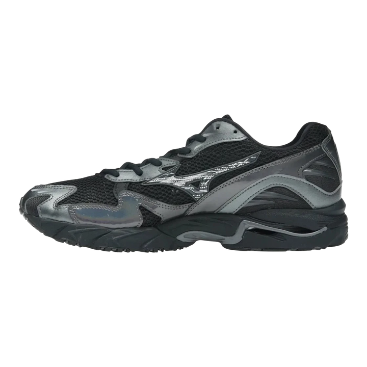 Mizuno Wave Rider 10 black mesh running shoe with sand and metallic grey accents, featuring retro-tech design and Wave technology.