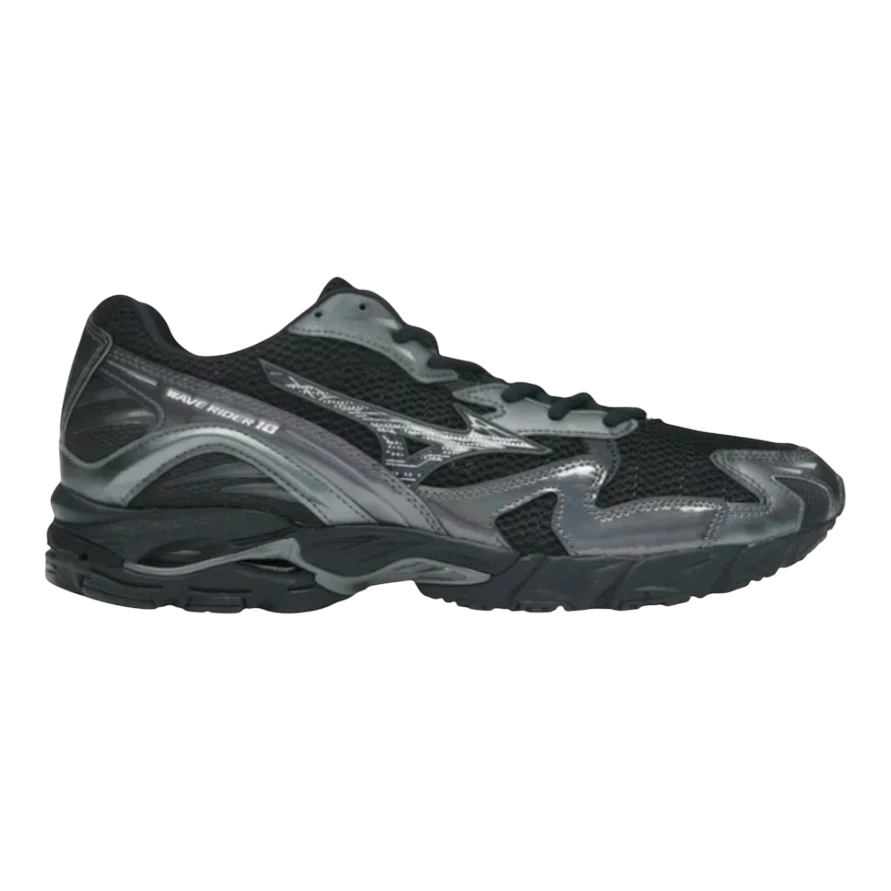 Mizuno Wave Rider 10 black mesh running shoes with sand and metallic grey accents, featuring retro-tech design and Wave technology.