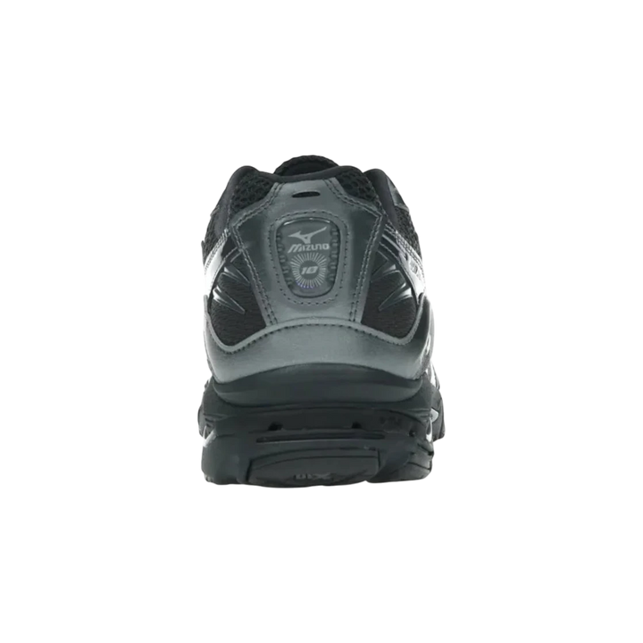 Mizuno Wave Rider 10 black, sand, and metallic grey running shoes with mesh upper and layered design.