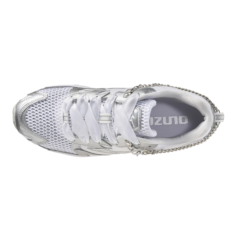 HypeSelection Mizuno Wave Rider 10 sneaker in cloudscape, silver, and gray with mesh, metallic overlays, and chain