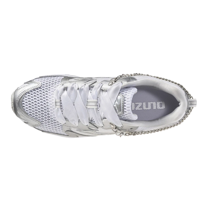 HypeSelection Mizuno Wave Rider 10 sneaker in cloudscape, silver, and gray with mesh, metallic overlays, and chain