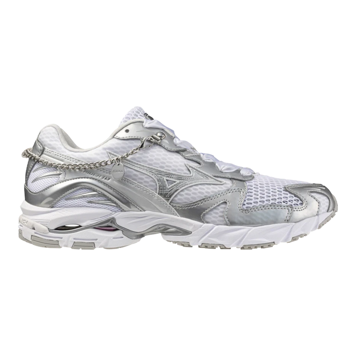 HypeSelection Mizuno Wave Rider 10 sneaker in white mesh and silver metallic overlays with a removable chain detail.