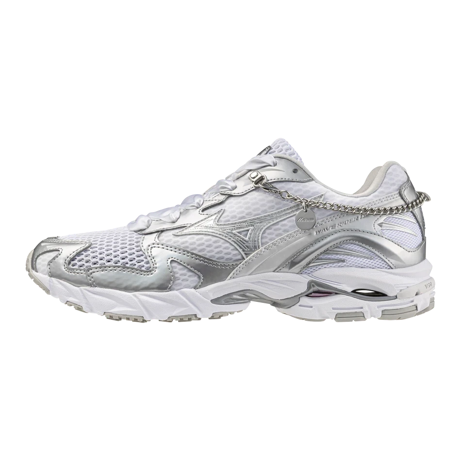 HypeSelection Mizuno Wave Rider 10 sneaker in silver and white mesh with metallic overlays and decorative chain detail