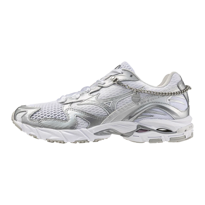 HypeSelection Mizuno Wave Rider 10 sneaker in silver and white mesh with metallic overlays and decorative chain detail