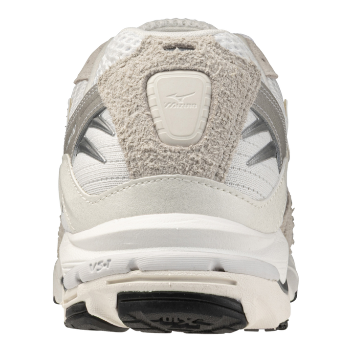 HypeSelection Mizuno Wave Rider 10 Suede sneaker in white and grey, showing the rear heel view with mesh and suede.