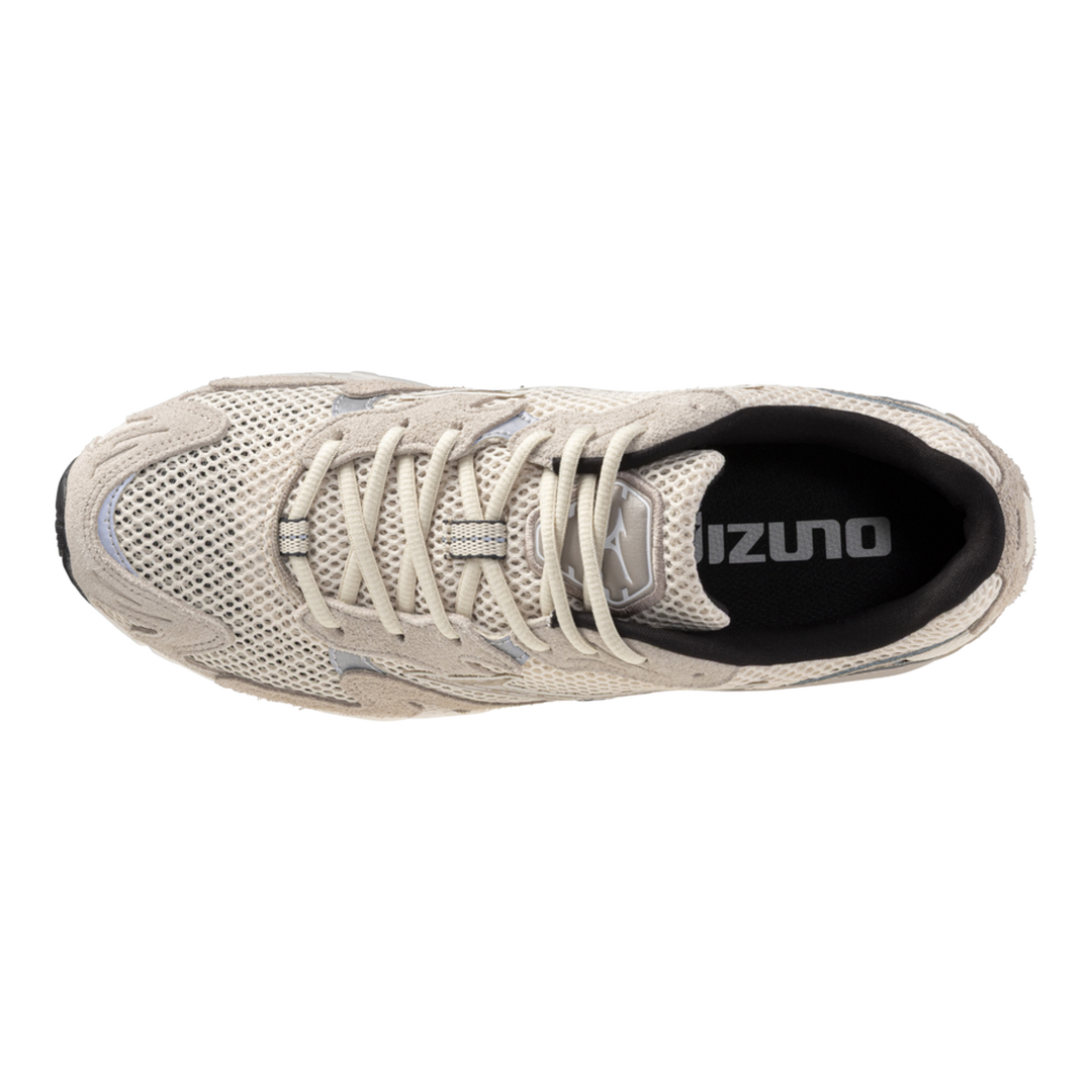 HypeSelection Mizuno Wave Rider 10 Suede sneaker in summer sand and taupe with mesh and suede upper, top-down view.