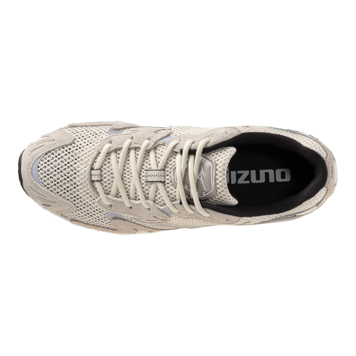 HypeSelection Mizuno Wave Rider 10 Suede sneaker in summer sand and taupe with mesh and suede upper, top-down view.