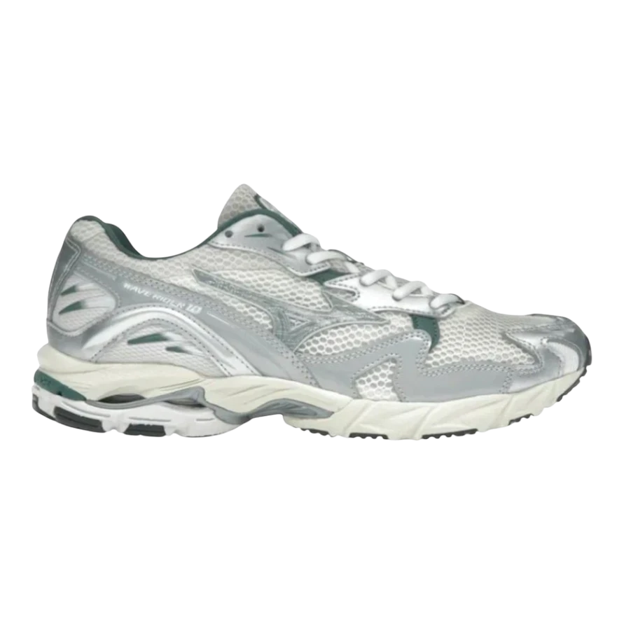 HypeSelection Mizuno Wave Rider 10 white mesh sneakers with slate and bistro green accents, featuring Wave technology and a durable rubber outsole.