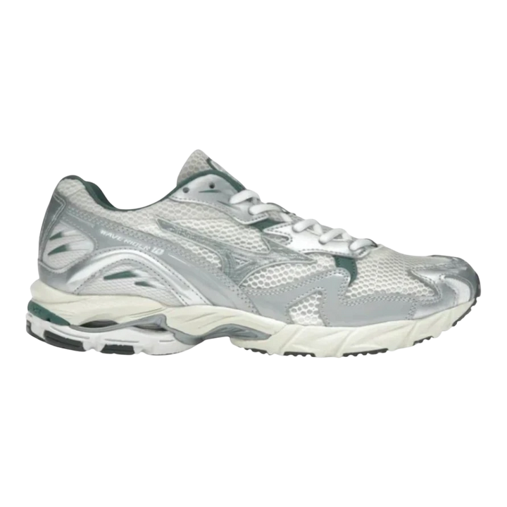 HypeSelection Mizuno Wave Rider 10 white mesh sneakers with slate and bistro green accents, featuring Wave technology and a durable rubber outsole.